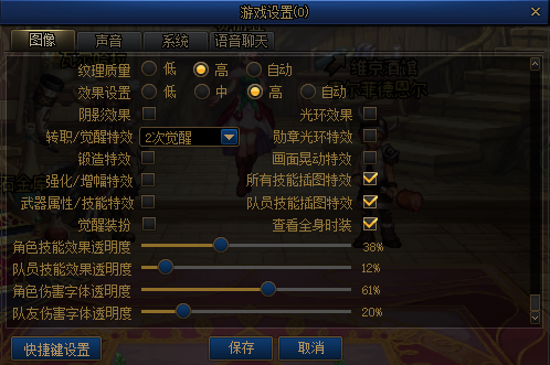 图像效果设置:转职/觉醒效果,锻造、强化/增幅武器技能特效,时装、插图、伤害字体设置